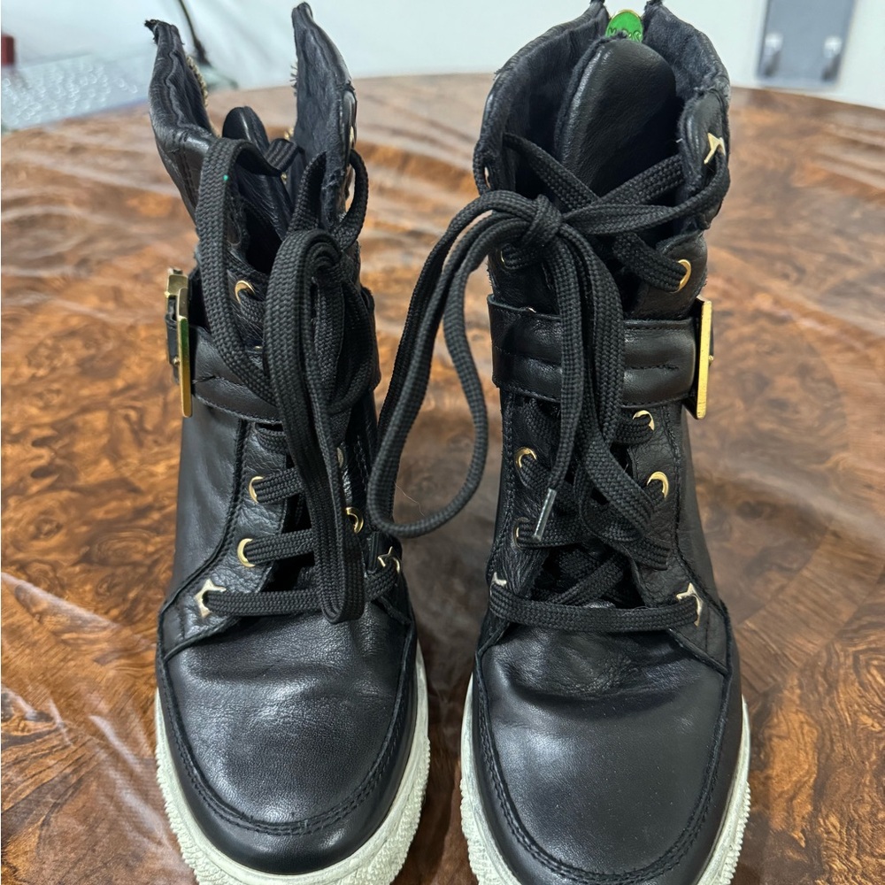 Black Combat Moto Boots with White Sole